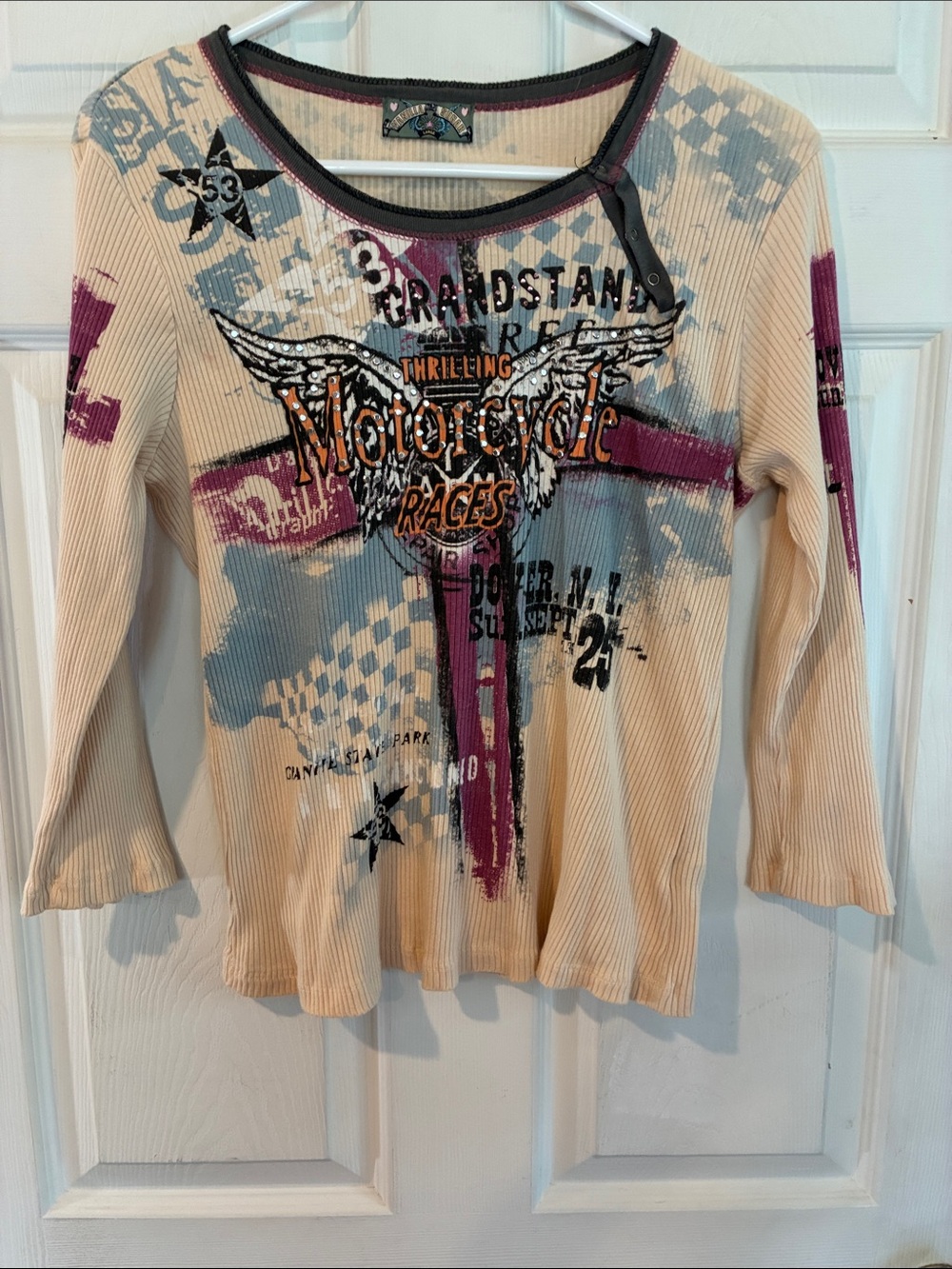 Vanilla Sugar Size Large Cream Ribbed Motorcycle Graphic Top